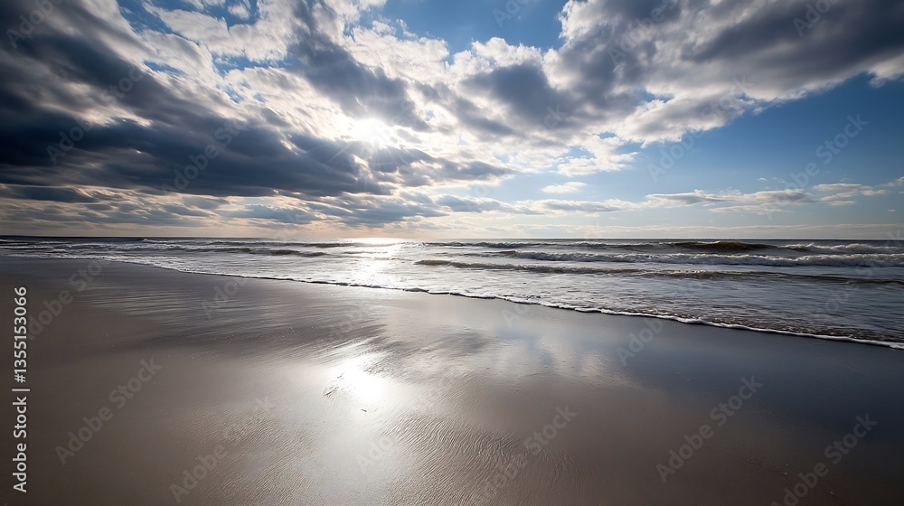 Poster dramatic beach scene showcasing vibrant sky with sunlight breaking through clouds at twilight : gene