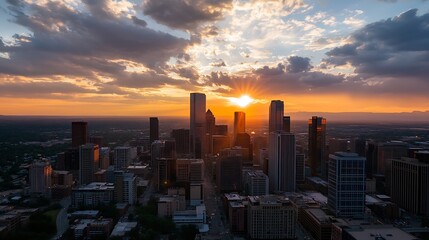 Fototapeta premium Dramatic skyline sunset over urban city with sun rays shining through buildings creating a beautiful view : Generative AI