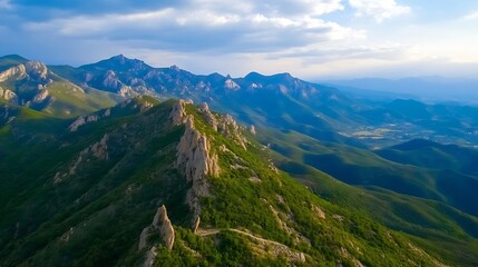 Naklejka premium Breathtaking aerial view of scenic mountains under vibrant sky showcasing natural beauty : Generative AI