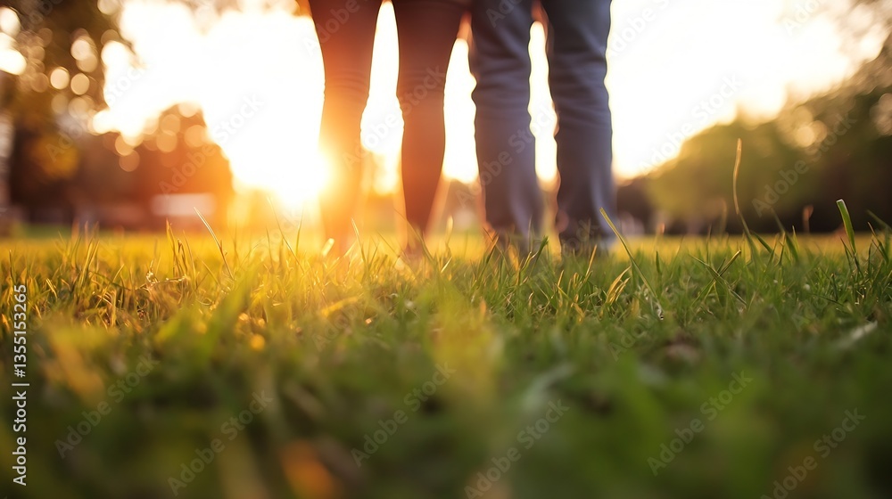 Poster couple standing on grass holding hands at sunset creating a romantic atmosphere with soft light : ge