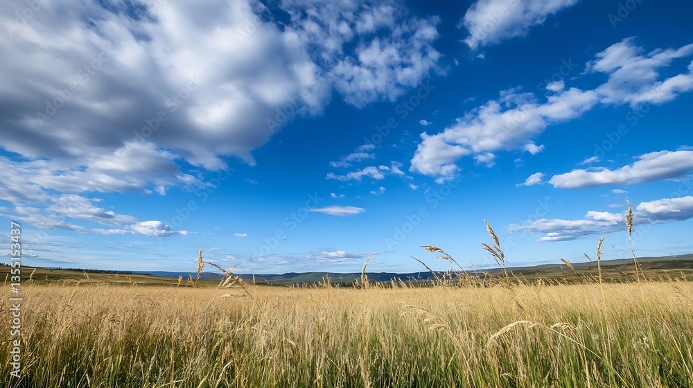 Aufkleber vast open field with waving grass under dramatic sky filled with fluffy clouds : generative ai