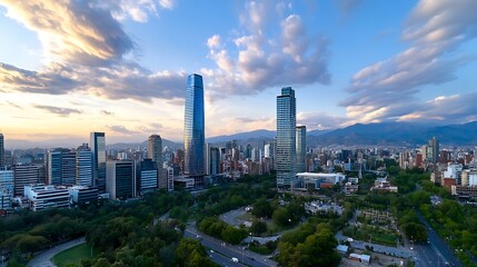 Naklejka premium Aerial view of a modern city skyline with tall skyscrapers against a vibrant sunset sky : Generative AI