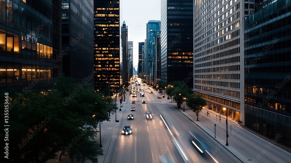 Poster dynamic cityscape at dusk showcasing illuminated buildings and busy streets filled with moving traff
