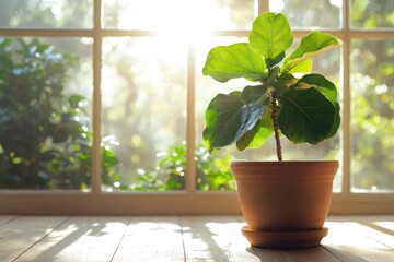 Fototapeta premium A fiddle leaf fig plant in a terracotta pot basks in sunlight by a window.