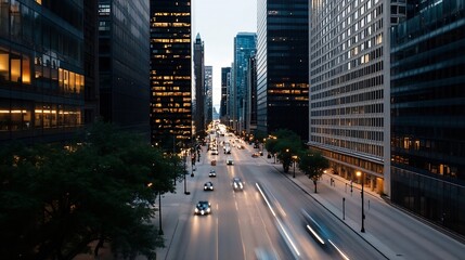 Dynamic cityscape at dusk showcasing illuminated buildings and busy streets filled with moving traffic : Generative AI