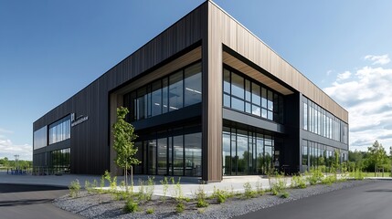 Modern architectural building with large glass windows surrounded by green landscaping and clear blue skies : Generative AI