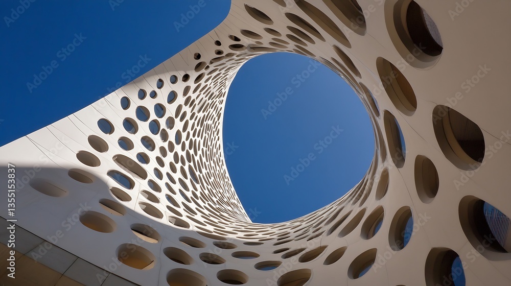Poster unique architectural design featuring circular cutouts against a bright blue sky resembling modern a