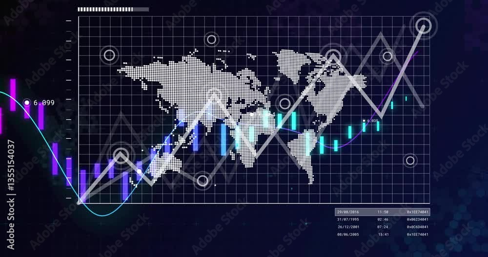 Poster animation of financial graphs and data points on world map grid background