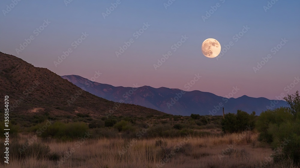 Poster breathtaking view of a full moon rising over majestic mountains during twilight creating a serene la