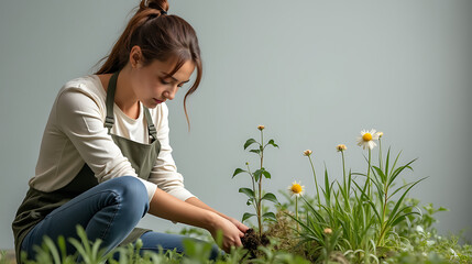 Jeune femme jardinière au tablier vert qui plante des fleurs dans son parterre isolée sur fond gris. elle est concentrée 