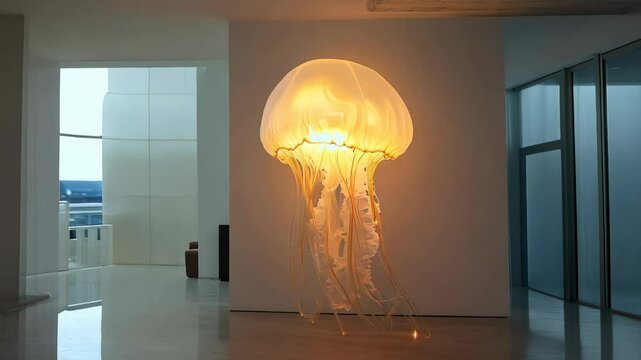 Illuminated jellyfish sculpture brightens modern gallery with dynamic glow - Powered by Adobe
