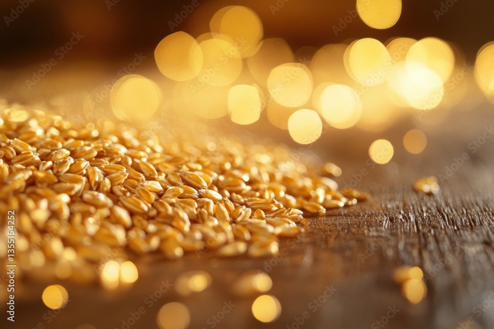 Aufkleber Close-up view of golden wheat grains resting on rustic wooden table illuminated by warm reflections in soft luxurious lighting
