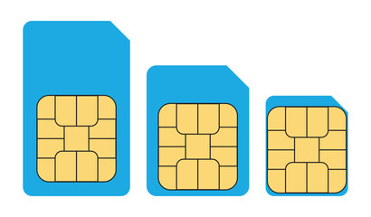 SIM card icons in three sizes. Blue mobile SIM cards of different sizes. EPS 10. Vector illustrations