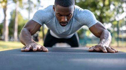 Dedicated man exercising with push ups outdoors highlighting fitness and determination amidst a natural setting : Generative AI