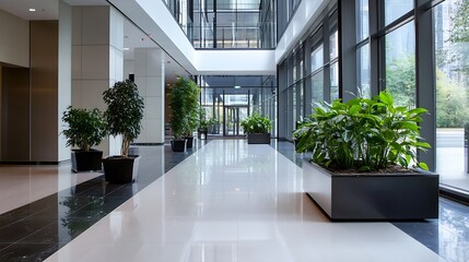 Obraz premium Contemporary office corridor featuring elegant plants and vast glass windows illuminating the interior : Generative AI
