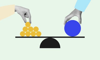 Balance and comparison concept. Hands weighing opposite sides, symbolizing negotiation, trade, and