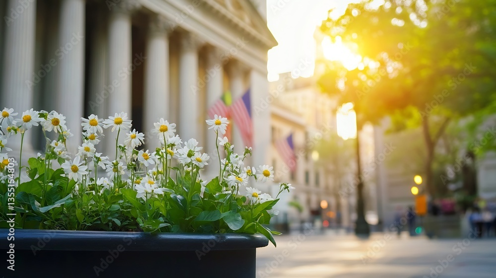 Poster beautiful cityscape with flowers in foreground and sunlight shining on historic architecture : gener