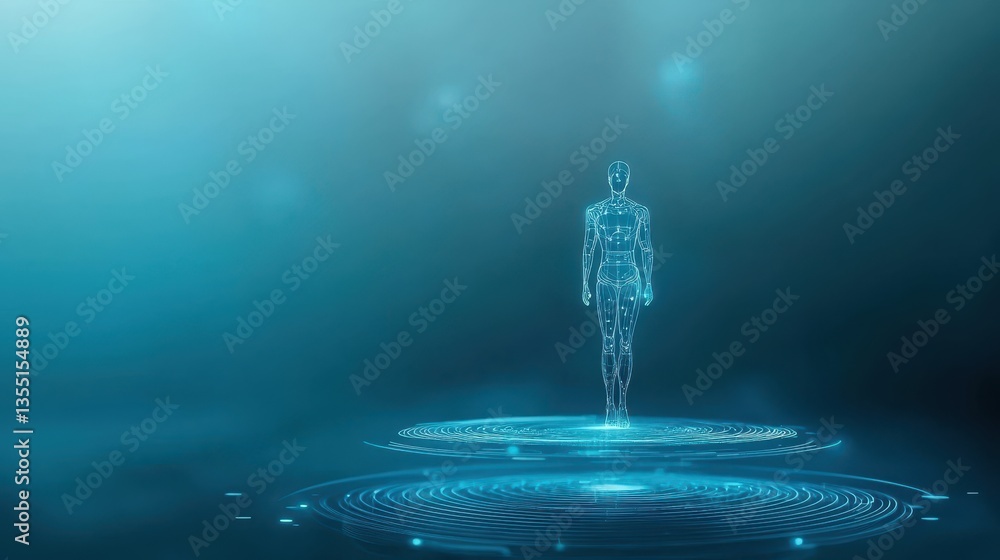 Poster futuristic man on circular platform, glimpse into the future of design and technology