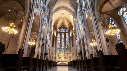 Naklejka premium Majestic church interior showcasing stunning architecture with high ceilings and intricate stained glass windows : Generative AI