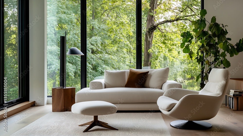 Poster cozy indoor space featuring modern furniture and large windows with a view of greenery : generative 
