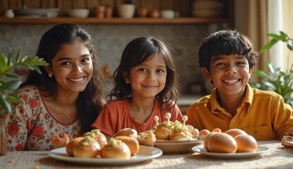 cheerful indian family celebrating easter around dining table