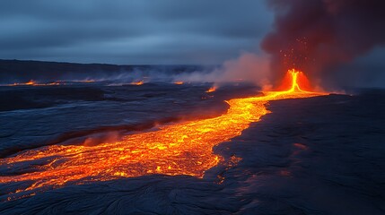 Molten lava flowing from volcanic eruption at night.