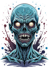 Render a gruesome yet detailed image of a zombie-alien hybrid creature, showcasing decaying flesh, exposed bone, and extraterrestrial features like elongated limbs or multiple eyes.