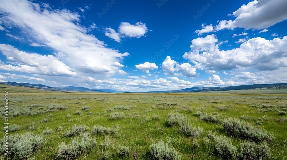 Poster Vast Open Field with Lush Green Grass and Fluffy Clouds Under a Bright Horizon : Generative AI