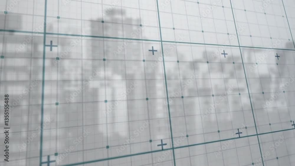 Poster animation of grid lines and plus signs overlaying blurred cityscape background
