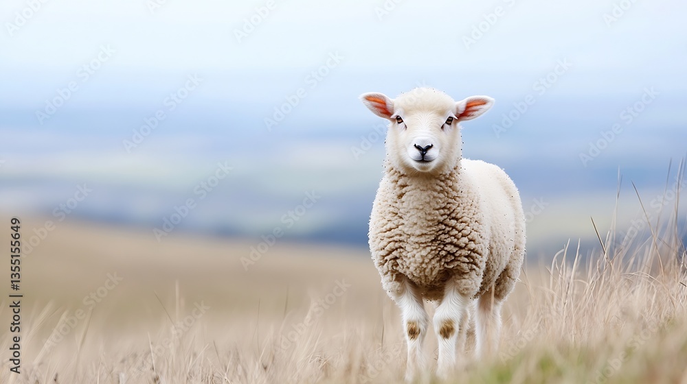 Poster adorable sheep standing on grassy hillside with serene landscape in the background on a sunny day : 