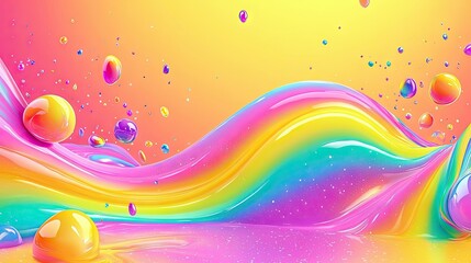 Rainbow liquid wave, colorful spheres, vibrant background, joyful design, ideal for celebration