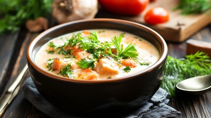 Creamy Soup with Fresh Vegetables Herbs and Spices in a Rustic Bowl on a Wooden Surface : Generative AI