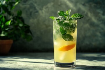 Glass of refreshing homemade lemonade with orange slice and mint on a table