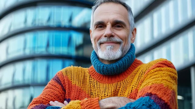 Confident man in vibrant sweater smiling in urban setting with modern architecture
