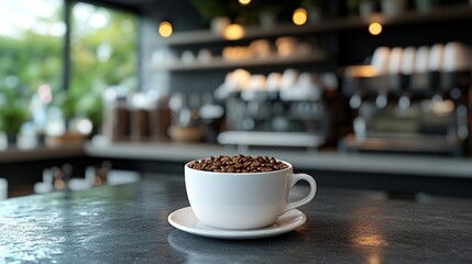 Fototapeta premium Coffee beans, cup, cafe, counter, bokeh, shop, background, menu