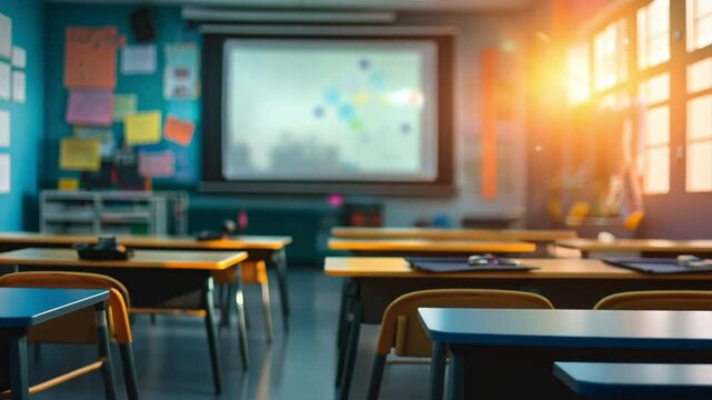 Educational Hub: A visually appealing classroom scene, with rows of desks, a prominent screen display, and ample natural light filtering through windows.