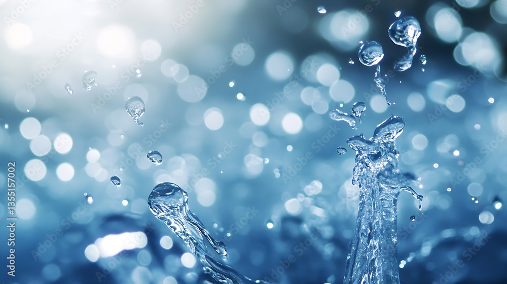 Poster Vivid splash of water droplets captured in motion with bokeh blurred background : Generative AI