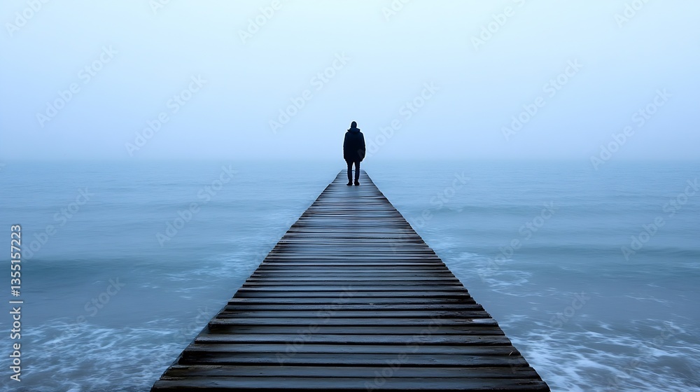 Poster Mysterious figure walking alone on foggy wooden pier extending into calm ocean waters : Generative AI