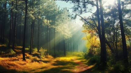 Fototapeta premium Sunlit Pathway: A serene sun-dappled pathway beckons through a lush forest, offering a glimpse into a world of tranquility and natural beauty.