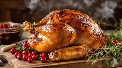 Smoked turkey with golden-brown skin on rustic wooden board surrounded by fresh herbs and cranberries with carving utensils and aromatic smoke in farmhouse kitchen setting