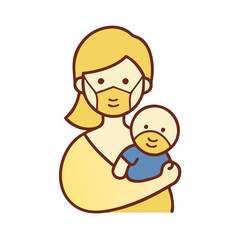 Mother holding baby icon with masks in yellow and blue colors