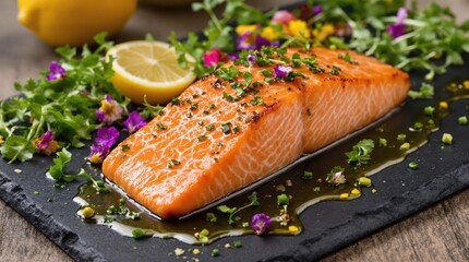 Sous vide salmon fillet on black slate board with caramelized edges, microgreens, lemon wedges and edible flowers, artistic herb oil drizzle, professional food styling