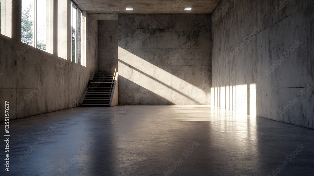 Leinwandbilder minimalistic empty room with concrete walls and soft sunlight casting shadows : generative ai