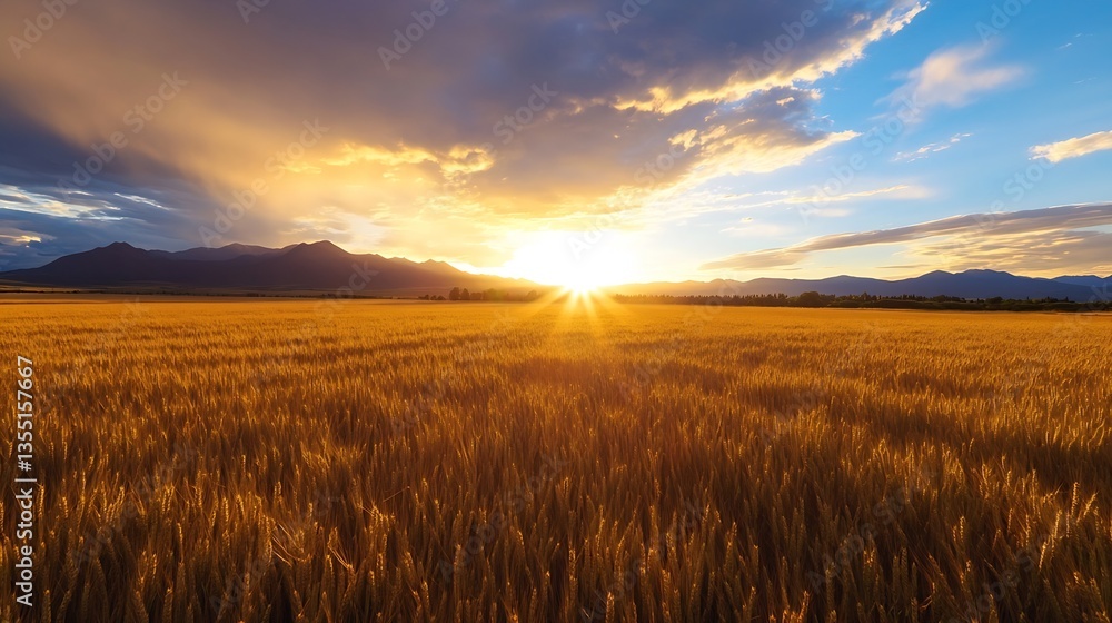 Aufkleber golden wheat field under a dramatic sunset sky with vibrant colors and distant mountains creating a 