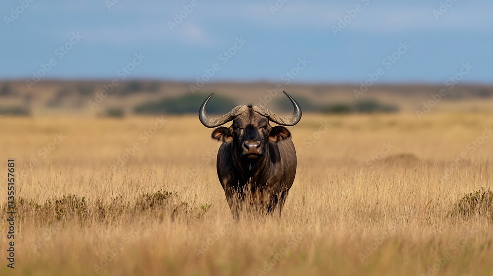 Poster majestic african buffalo staring directly at the camera in a golden grassland setting : generative a
