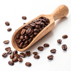 Obraz premium Wooden scoop filled with coffee beans on a white background, aromatic ingredient, energizing beverage, copy space