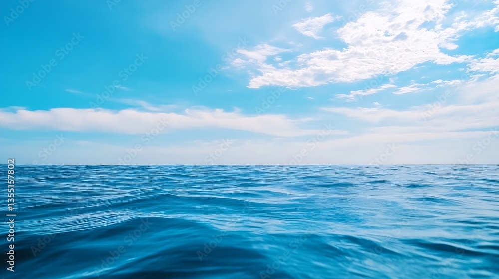 Poster vast ocean view with gentle waves under a bright blue sky and fluffy white clouds : generative ai