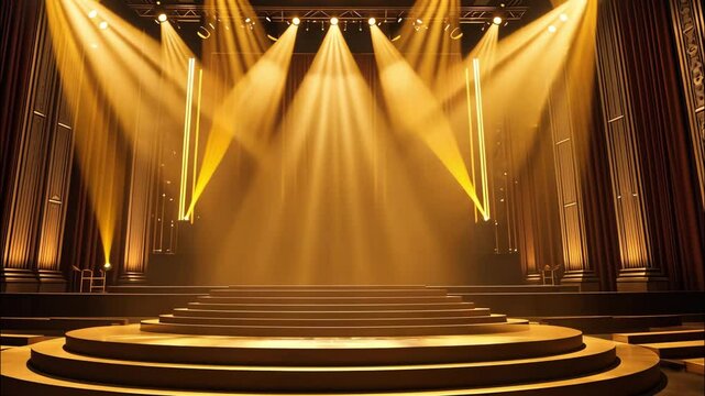 Golden stage with dramatic spotlights creating a grand award ceremony atmosphere. 