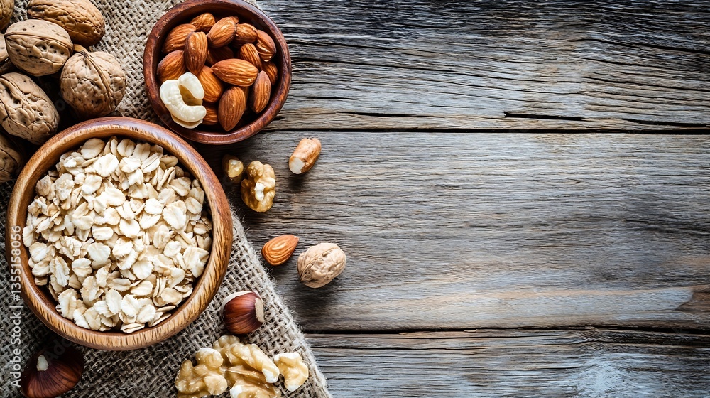 Poster healthy nuts and oats in bowls on rustic wooden table showcasing nutritious breakfast options : gene