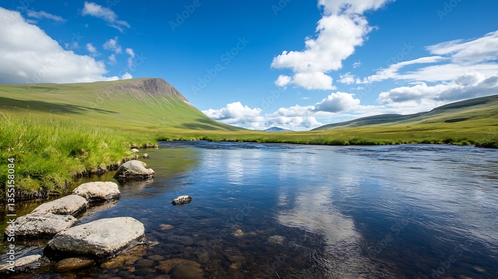 Poster Breathtaking landscape of a clear river flowing through verdant fields under a dynamic cloudfilled sky : Generative AI